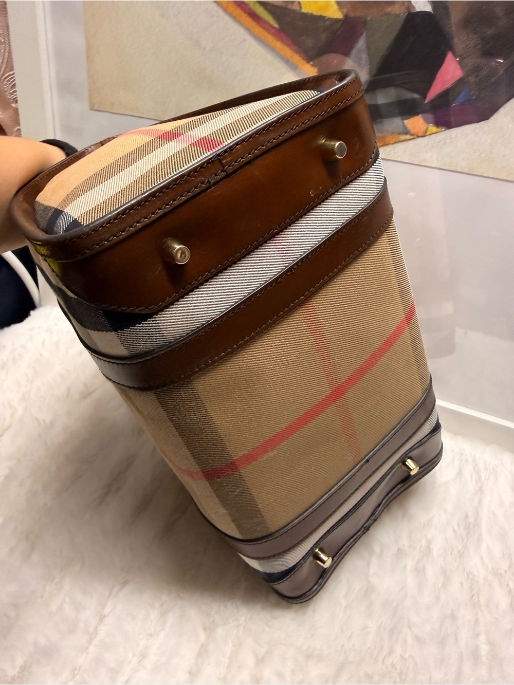 BURBERRY House Check Bowling Bag Brown Leather Handle - Picture 13 of 13